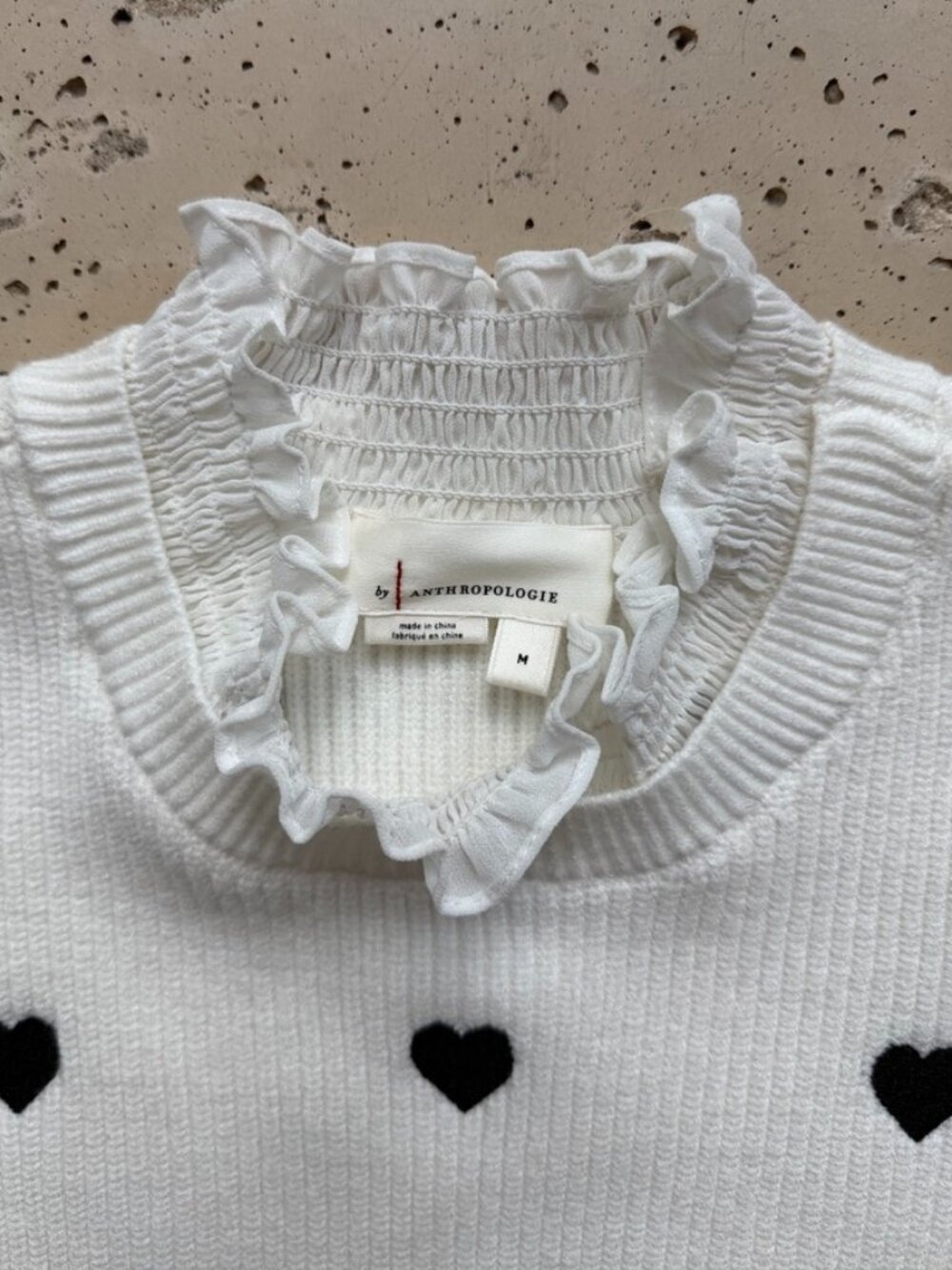 Anthropologie Ruffled Collar Heart Sweater in Classic Black and White - Picture 7 of 13
